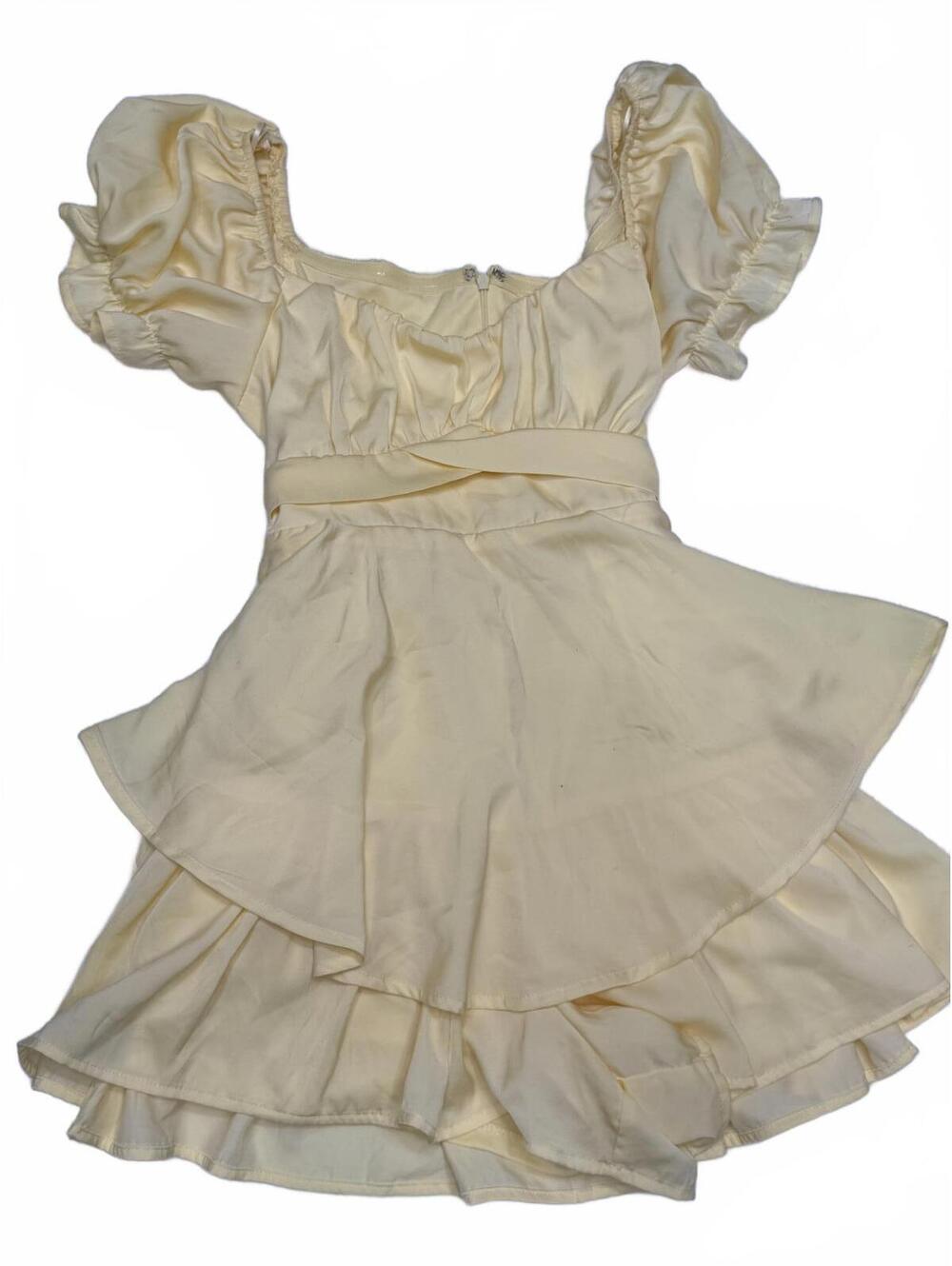 Blue Rain Yellow Puff Sleeve Tiered Mini Dress Cottagecore Coquette Boho Medium